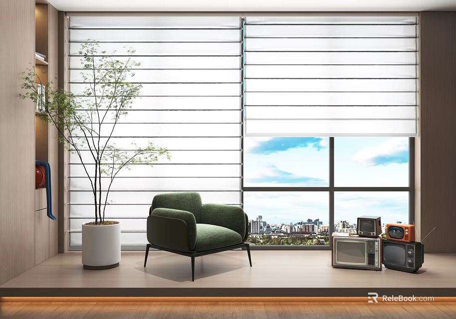 Cozy Interior Space With White Window Blinds Green Armchair Vintage Appliances And City View 3d model 