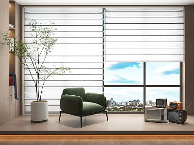 Cozy Interior Space With White Window Blinds Green Armchair Vintage Appliances And City View 3d model