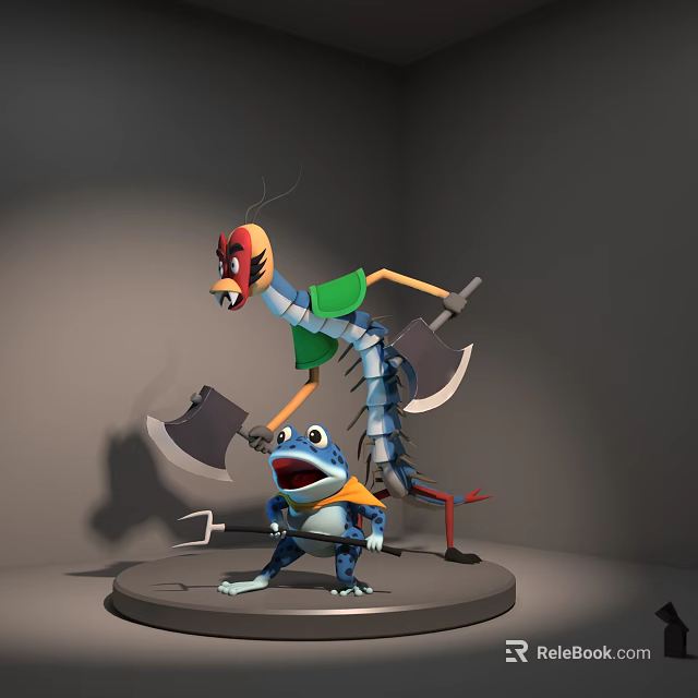 Cartoon Centipede In Green Shirt With Axes And Scared Blue Frog On Gray Platform 3d model 