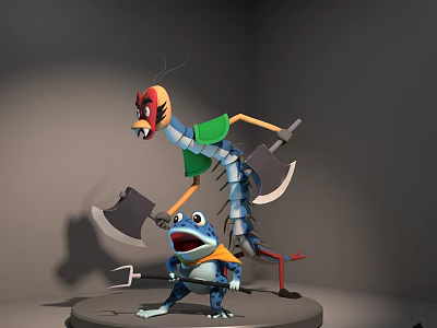 Cartoon Centipede In Green Shirt With Axes And Scared Blue Frog On Gray Platform 3d model