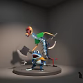Cartoon Centipede In Green Shirt With Axes And Scared Blue Frog On Gray Platform