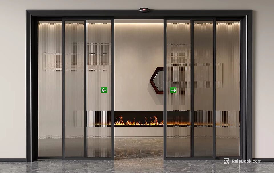 Modern Glass Sliding Doors with Black Frames and Fireplace in Interior 3d model 