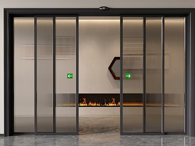 Modern Glass Sliding Doors with Black Frames and Fireplace in Interior 3d model