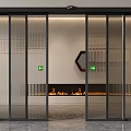 Modern Glass Sliding Doors with Black Frames and Fireplace in Interior