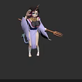 Woman in Purple Kimono With Dark Hair Horns Blue Eyes and Trident