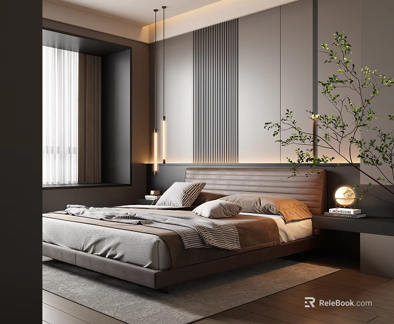 Modern Bedroom Interior with Upholstered Bed Pillows Green Plant Striped Wall and Window Curtains 3d model 