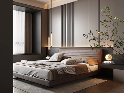 Modern Bedroom Interior with Upholstered Bed Pillows Green Plant Striped Wall and Window Curtains 3d model