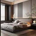 Modern Bedroom Interior with Upholstered Bed Pillows Green Plant Striped Wall and Window Curtains