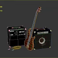 Electric Bass Guitar With Two Black Music Amplifiers And Audio Equipment Setup