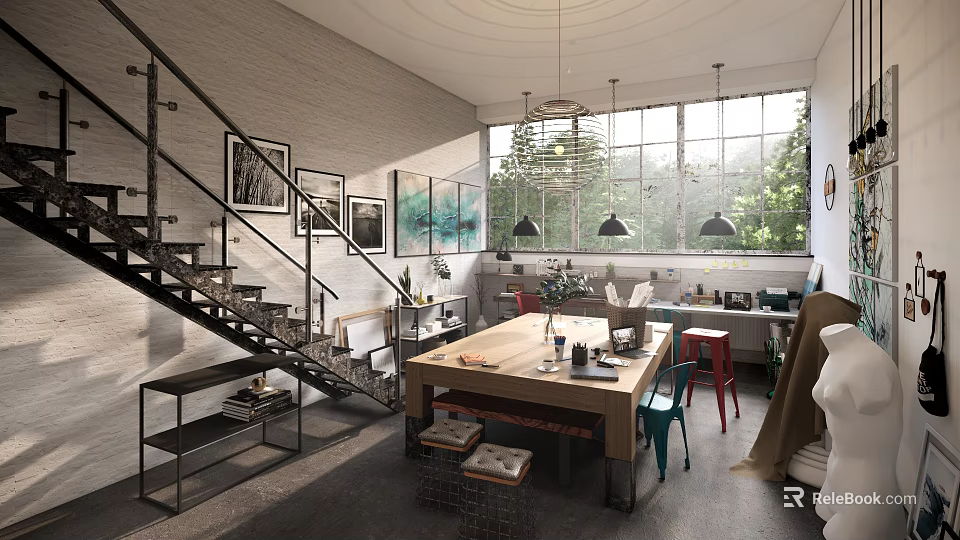 Modern Office Interior With Brick Wall Staircase Large Windows Long Wooden Table And Colorful Chairs 3d model 