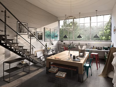 Modern Office Interior With Brick Wall Staircase Large Windows Long Wooden Table And Colorful Chairs 3d model