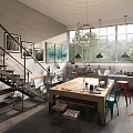 Modern Office Interior With Brick Wall Staircase Large Windows Long Wooden Table And Colorful Chairs