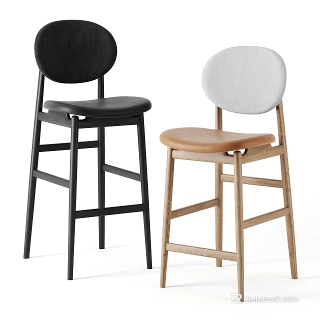 Contemporary Bar Stools Featuring Black And Light Wood Frames With Upholstered Seats 3d model 