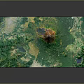 3D Terrain Model Of Green Landscape With Central Volcano And Lakes
