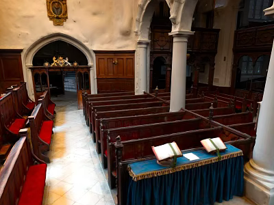Cartoon Church Interior Scene Featuring Wooden Pews Columns Arched Doorway Open Books And Blue Tablecloth 3d model