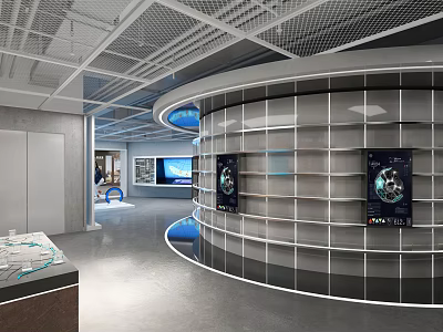 Modern Exhibition Hall Interior With Circular Display Wall Multiple Shelves And Digital Screens 3d model