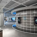 Modern Exhibition Hall Interior With Circular Display Wall Multiple Shelves And Digital Screens