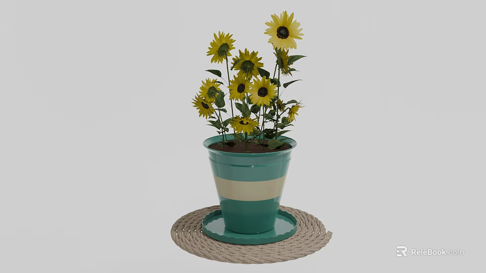 Potted Sunflower Plant In Blue Green And White Striped Pot On Woven Mat 3d model 