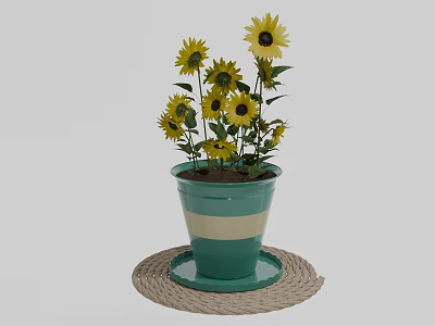 Potted Sunflower Plant In Blue Green And White Striped Pot On Woven Mat 3d model