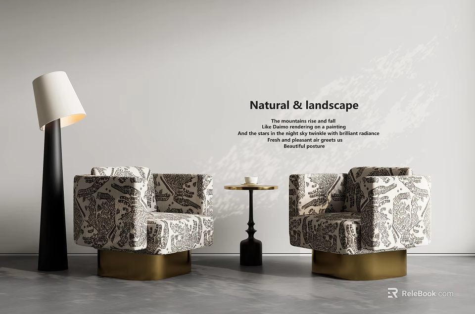 Patterned Single Sofa With Gold Base And Side Table Floor Lamp In Light Wall Setting 3d model 