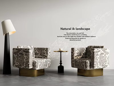 Patterned Single Sofa With Gold Base And Side Table Floor Lamp In Light Wall Setting 3d model
