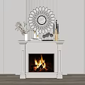 White Fireplace with Burning Fire Decorative Sunburst Mirror and Ornaments 3d model