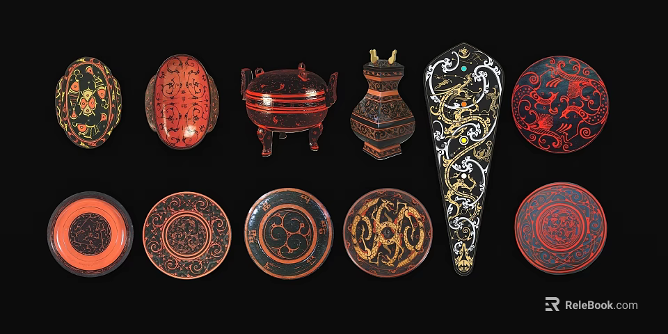 Traditional Decorative Ornament Set Featuring Red Black Gold Dragon Geometric Patterns Plates Vases Containers 3d model 