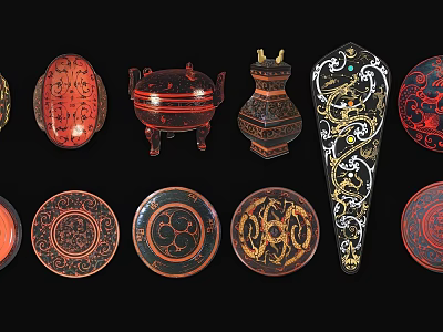 Traditional Decorative Ornament Set Featuring Red Black Gold Dragon Geometric Patterns Plates Vases Containers 3d model