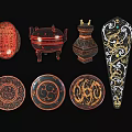 Traditional Decorative Ornament Set Featuring Red Black Gold Dragon Geometric Patterns Plates Vases Containers