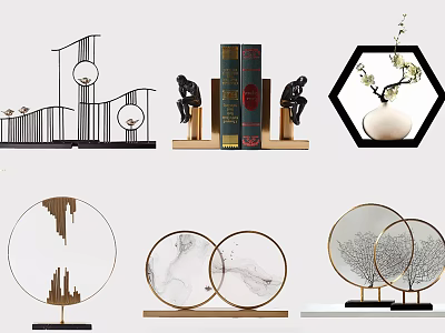 Modern Decorative Ornament Combination Featuring Geometric Design Metal Stand Marble Pattern And Plant Vase 3d model