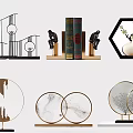 Modern Decorative Ornament Combination Featuring Geometric Design Metal Stand Marble Pattern And Plant Vase