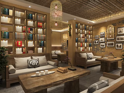 Traditional Chinese Interior Design With Wooden Bookshelves Sofas Hanging Lanterns And Decorative Paintings 3d model
