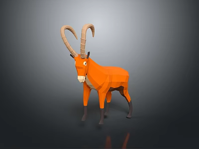 Low Poly Orange Goat Model With Curved Horns Against Gray Background And Shiny Reflection 3d model