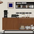 Modern Wooden Sideboard With Coffee Machine Toaster Floor Lamp And Wall Shelves