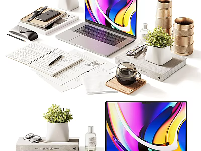 Organized Office Workspace Featuring Laptop Notebook Pen Coffee Cup Potted Plant And Storage Tins 3d model