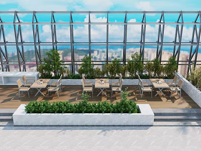Outdoor Tables with Chairs on Glass Roof Terrace and Green Plants City View 3d model