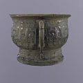Ancient Bronze Vessel With Double Handles And Intricate Mythical Carvings Design