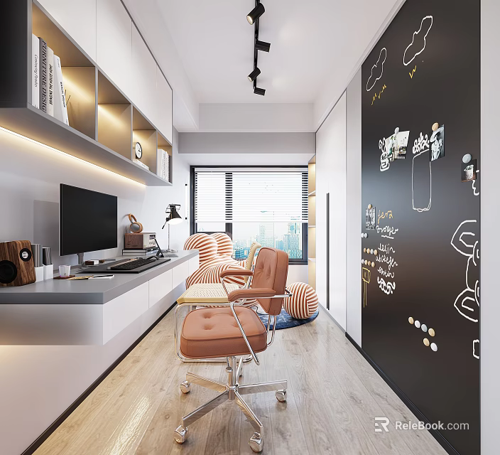 Modern Study Room Interior With Wooden Desk Leather Chair And Blackboard Wall Decor 3d model 
