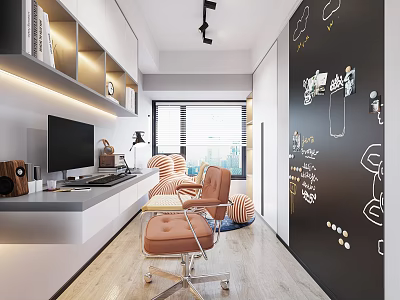 Modern Study Room Interior With Wooden Desk Leather Chair And Blackboard Wall Decor 3d model