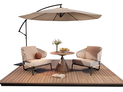 Woven Outdoor Chairs With Round Side Table And Large Parasol On Wooden Deck 3d model