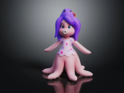 Doll With Octopus Like Legs Purple Hair Pink Body Polka Dot Dress Red Head Accessory 3d model