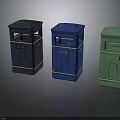 Three Different Colored Litter Bins with Litter Sign Dark Blue Blue and Green