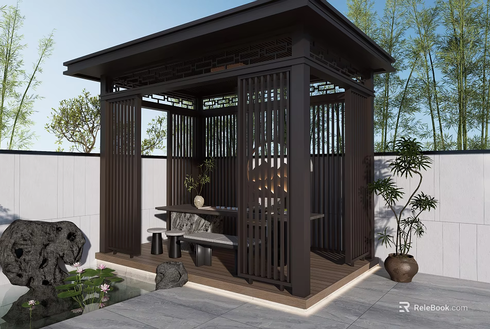 Traditional Garden Landscape With Wooden Pavilion Lattice Design Bamboo And Stone Features 3d model 