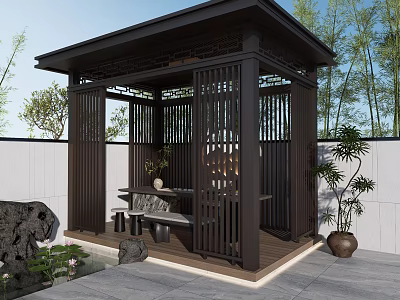 Traditional Garden Landscape With Wooden Pavilion Lattice Design Bamboo And Stone Features 3d model