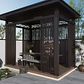 Traditional Garden Landscape With Wooden Pavilion Lattice Design Bamboo And Stone Features