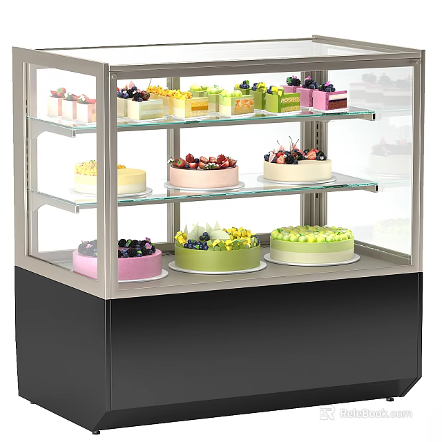 Retail Bakery Display Case With Assorted Cakes And Desserts On Glass Shelves 3d model 