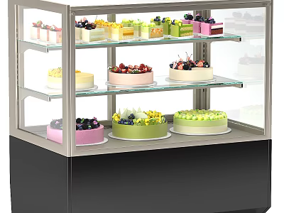 Retail Bakery Display Case With Assorted Cakes And Desserts On Glass Shelves 3d model