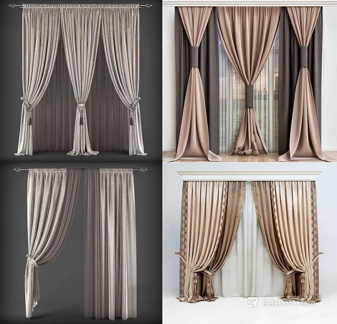 Elegant Luxury Curtains With Beige Brown Velvet Fabric And Tieback Design For Home Decor 3d model 