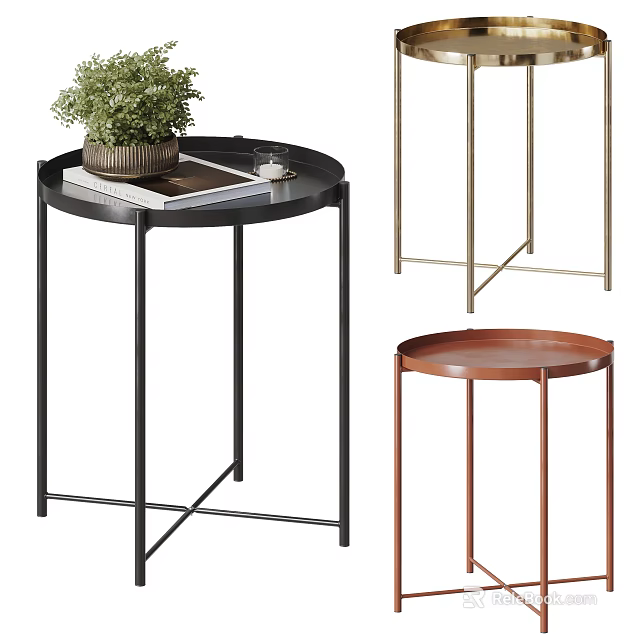 Modern Side Tables In Black Gold Copper With Metal Frames Round Tops And Decorative Plants 3d model 