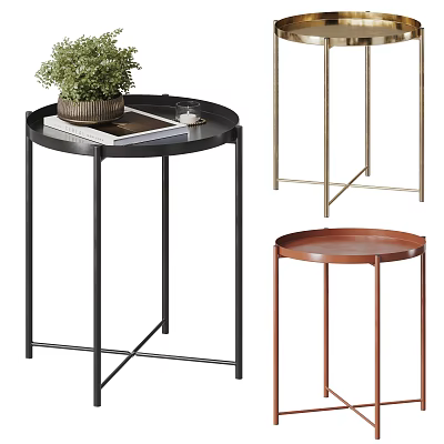 Modern Side Tables In Black Gold Copper With Metal Frames Round Tops And Decorative Plants 3d model
